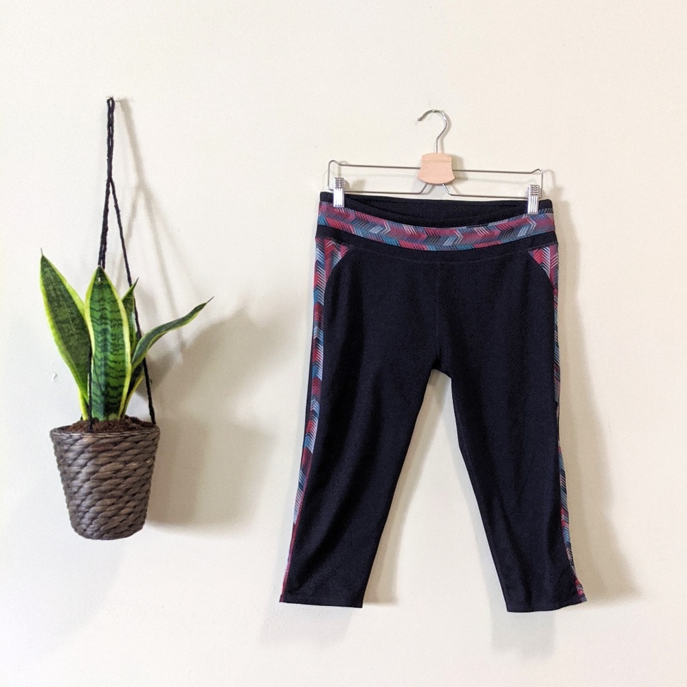 Fabletics Black Stripe Print Crop Workout Leggings